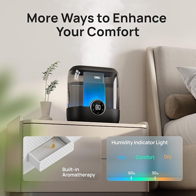 Dreo 6L Top Fill Humidifiers for Bedroom, 60H Runtime, 28 dB Quiet Supersized Cool Mist Humidifiers for Large Room, Ultrasonic Humidifier for Home, Plant, Baby, Night Light, Indoor