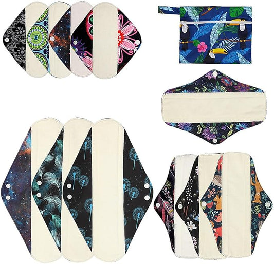 12 Pieces Cloth Menstrual Pads,Reusable Sanitary Pads,Size 8 inch,10 inch and 14 inch,Unscented