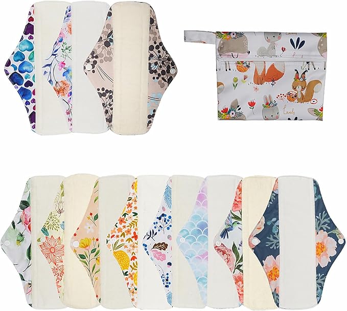 12 Pieces Cloth Menstrual Pads,Reusable Sanitary Pads,Size 10 inch Regular,Unscented