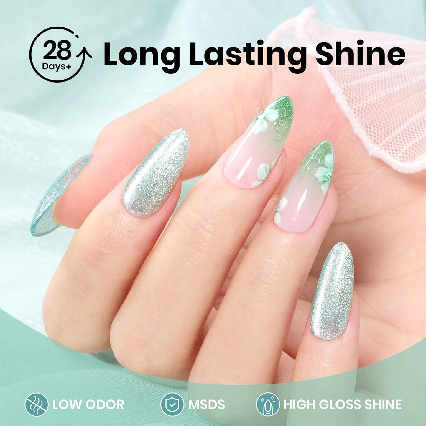 Beetles Green Cat Eye Gel Polish, 15ML Mint Green Cat Eye Glitter Gel Polish with Magnet Soak Off UV Shimmer Velvet Gel Mint Stardust Series French Nail Art Design Manicure Gifts for Women