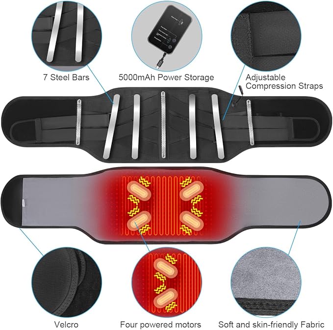 Cordless Heating Pad Back Massager Brace for Lower Back Pain Relief, Heated Back Brace Vibration Wrap with Rechargeable Battery, Warmer Lumbar Support Belt with Massage for Cramps (XL)