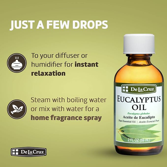 De La Cruz Eucalyptus Essential Oil Aromatherapy for Diffuser or Humidifier, 100% Pure Steam Distilled Eucalyptus Globulus 4 FL OZ