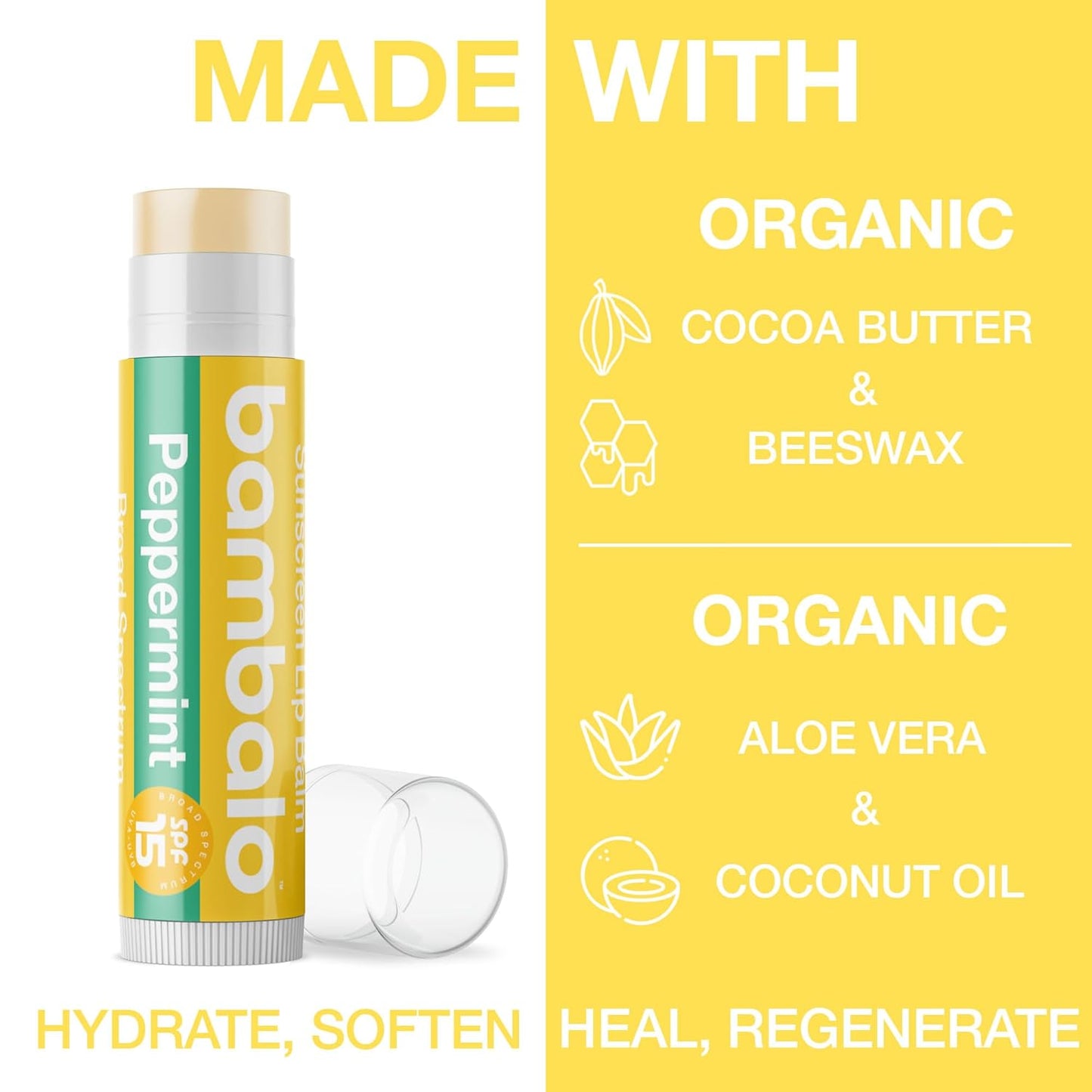 4-Pack Peppermint SPF 15 Lip Balm - Organic Ingredients, Broad Spectrum UVA/UVB Protection - Hydrating & Moisturizing, USA Made