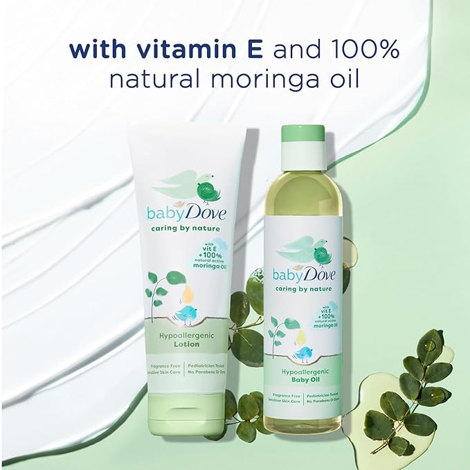 Dove Baby Oil & Baby Lotion, Caring by Nature – Hypoallergenic Oil & Lotion, Nourishing Moringa Oil & Vitamin E Oil for Skin, Fragrance Free, 8 Oz Ea (2 Piece Set)
