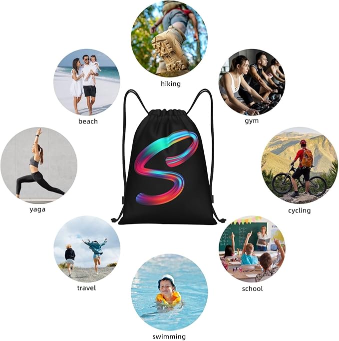 Drawstring Bags Initial Drawstring Backpack Sackpack Black Draw String Cinch Bags for Sports, Gym, Travel, Swimming, Beach, Camping, Rainbow Letter S