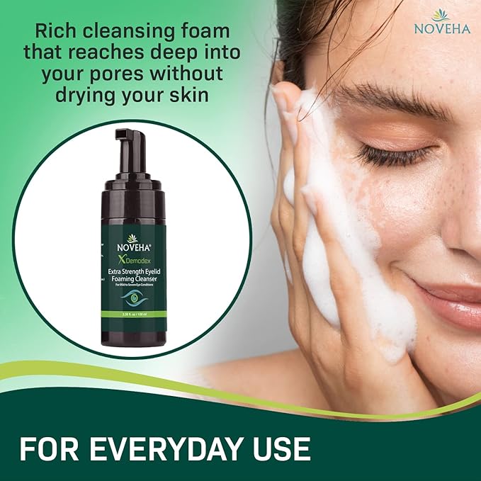 Demodex Eyelid Cleanser Foam | Extra Strength Tea Tree Oil Formula | Daily Face Wash For Eyelash, Demodex, MGD, Stye Eyes, Eye Irritations & Skin Dryness, 3.38 fl oz (100ml)