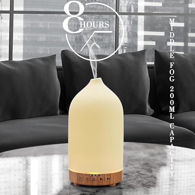 200ML White Noise Ceramic Diffuser,Sleep Sound Machine with 20 Natural Soothing Sounds, 7 Color Lights,Essential Oil Diffuser, Timer for Baby, Kids, Adults, Office, Home(Wood Grain)