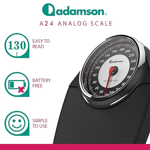 Adamson A24 Scales for Body Weight - Up to 350 LB - New Version - Anti-Skid Rubber Surface Extra Large Numbers - High Precision Bathroom Scale Analog - Durable with 20-Year Assurance