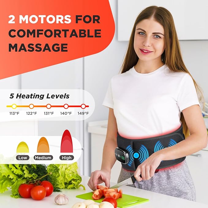 Cordless Heating Pad with Massager for Back, Portable Lower Back Massager, Wearable Heating Pads for Cramps with 5 Heats, Auto-Off, Heated Massage Support Brace Waist Belt