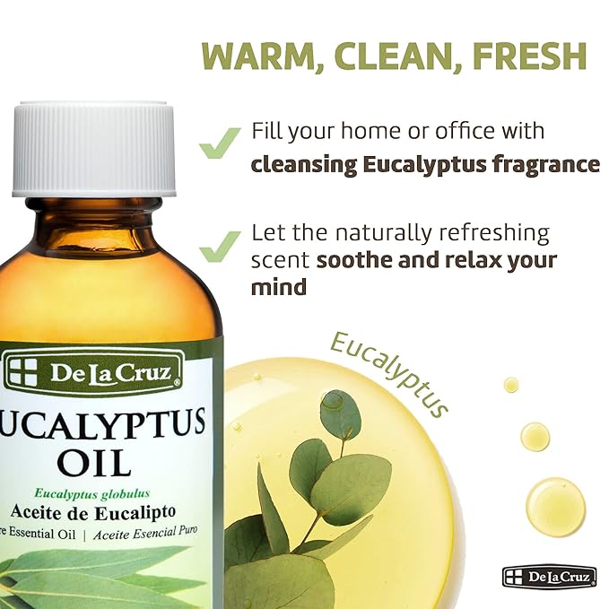 De La Cruz Eucalyptus Essential Oil Aromatherapy for Diffuser or Humidifier, 100% Pure Steam Distilled Eucalyptus Globulus 4 FL OZ