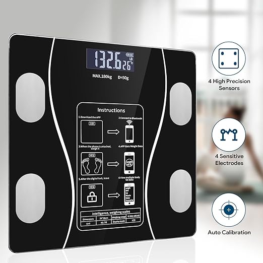 Digital Simple and Practical Body Fat Scale with Smartphone App, Bathroom Scale with Led Display (Black)