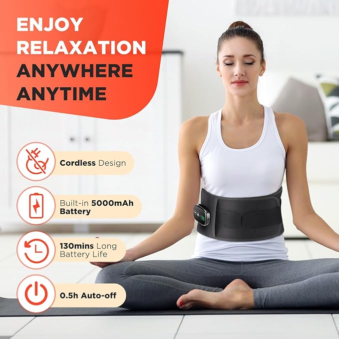 Cordless Heating Pad with Massager for Back, Portable Lower Back Massager, Wearable Heating Pads for Cramps with 5 Heats, Auto-Off, Heated Massage Support Brace Waist Belt