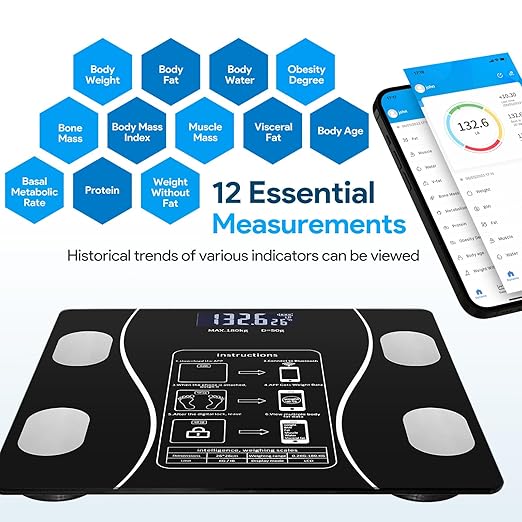 Digital Simple and Practical Body Fat Scale with Smartphone App, Bathroom Scale with Led Display (Black)