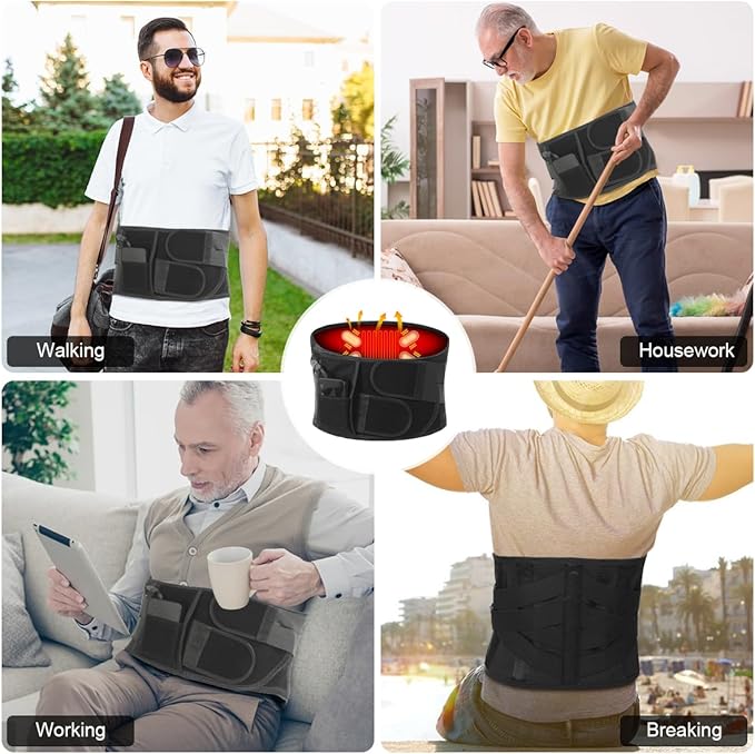 Cordless Heating Pad Back Massager Brace for Lower Back Pain Relief, Heated Back Brace Vibration Wrap with Rechargeable Battery, Warmer Lumbar Support Belt with Massage for Cramps (XL)