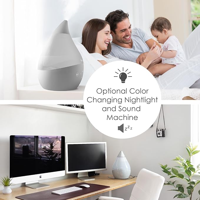 Crane 4-in-1 Drop 2.0 Ultrasonic Cool Mist Humidifier with Sound Machine, Night Light, Aroma Tray, 1 Gallon Top Fill, Grey 1 Gallon