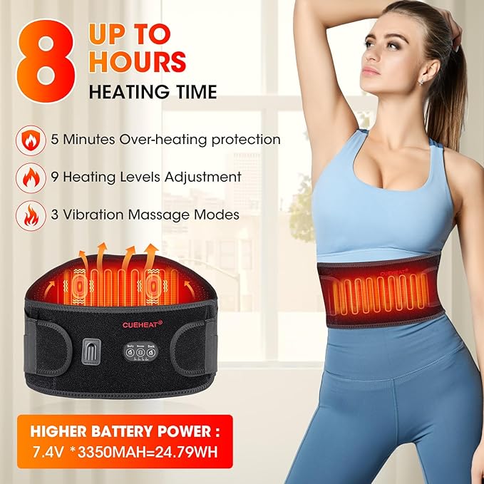 CUEHEAT Heated Waist Belt, Cordless Heating Pad for Low Back, Electrical Heating and Massage, Rechargeable Battery Powered (Black Upgraded,45 inches)