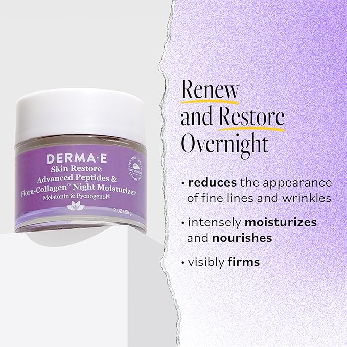 Derma E Advanced Peptides and Vegan Flora-Collagen Night Moisturizer – Hydrating Topical Facial Cream Improves Elasticity and Reduces Appearance of Lines and Wrinkles, 2 Oz