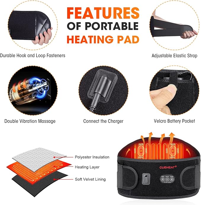 CUEHEAT Heated Waist Belt, Cordless Heating Pad for Low Back, Electrical Heating and Massage, Rechargeable Battery Powered (Black Upgraded,45 inches)