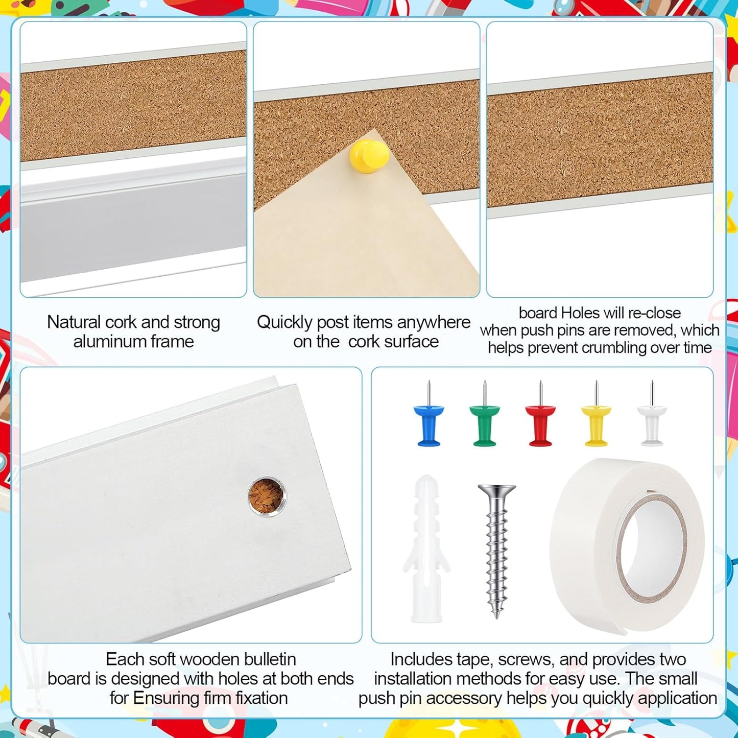 3 Pcs 72'' x 2" Cork Board Strip for Wall - Bulletin Bar Tack Board With Aluminum Trim - Brown Cork Strips for Classroom, Office Walls, Cubicle