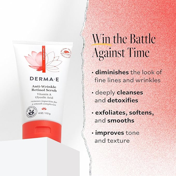 DERMA E Anti-Wrinkle Scrub – Anti-Aging Face Wash with Glycolic Acid and Vitamin A – Cleansing and Exfoliating Treatment Removes Makeup, Oil and Impurities, 4 oz