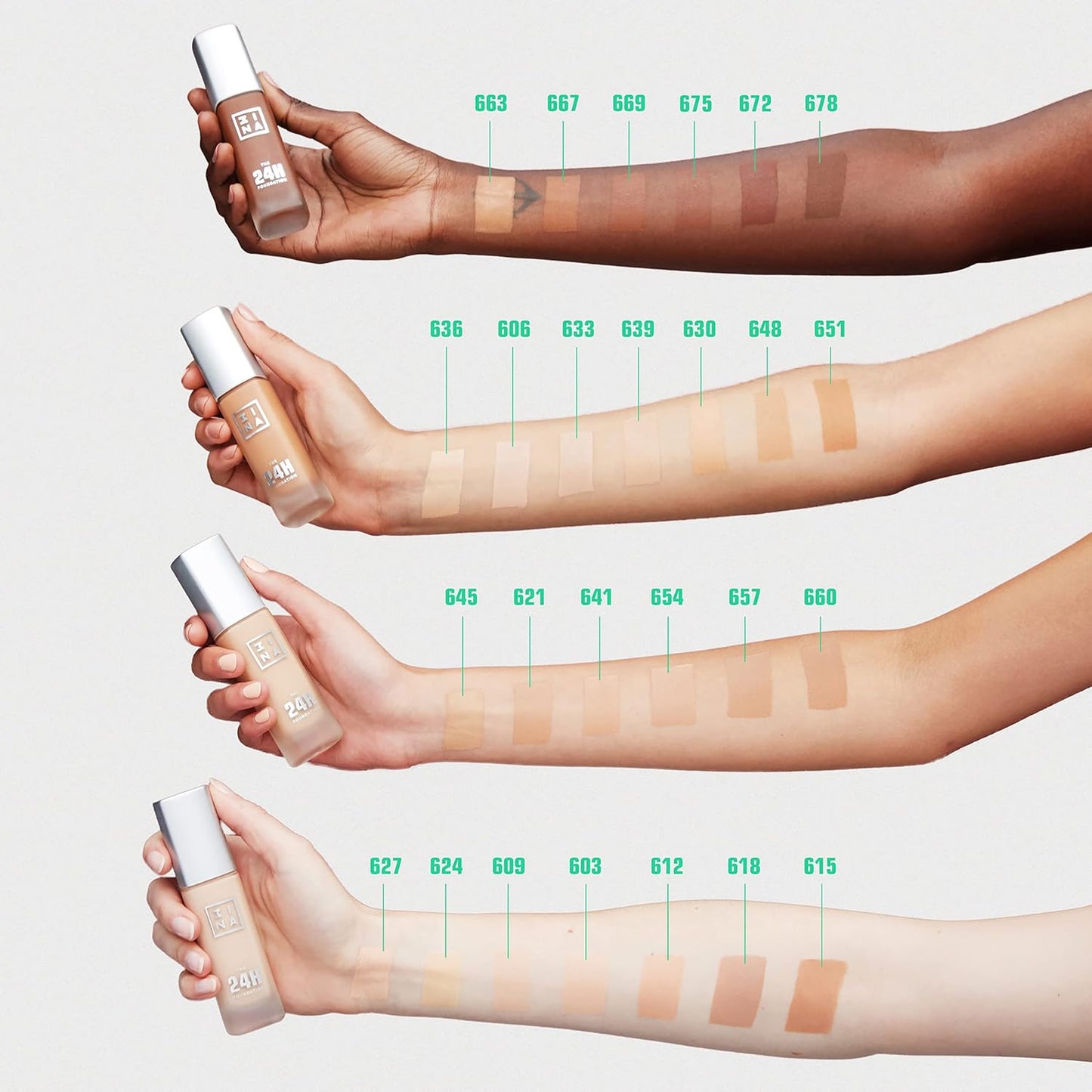 3INA The 24H Foundation 657-24H Long-Wearing Formula - Medium To High Buildable Coverage - Smooth Matte Finish - Expanded Shade Selection - Waterproof, Cruelty Free, Vegan Makeup - 1.01 Oz
