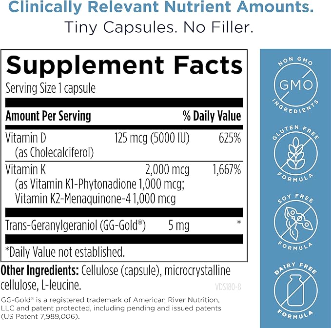 Designs for Health Vitamin D Supreme - Vitamin D 5000 IU with 2000mcg Vitamin K as MK4 for Bone Health, Heart Health & Immune Support - Vitamin D3 Enhanced with GG Supplement (180 Capsules)