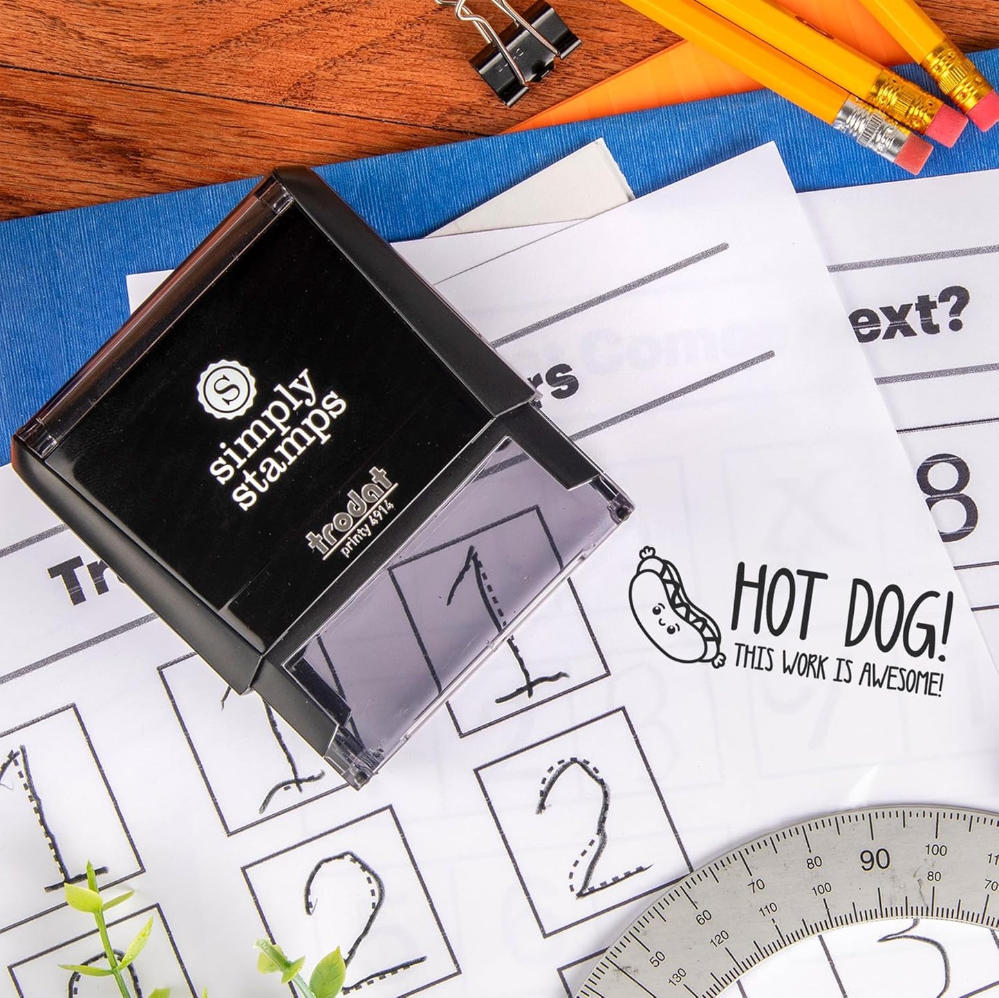 Custom Self-Inking Custom Stamps | 49 Designs | Fun Phrases | Grading Made Easy | Classroom, Library Book Stamps (Hot Dog! Large)