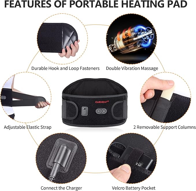 CUEHEAT Heated Waist Belt, Cordless Heating Pad for Low Back, Electrical Heating and Massage, Rechargeable Battery Powered (Dark Black, 53inch)