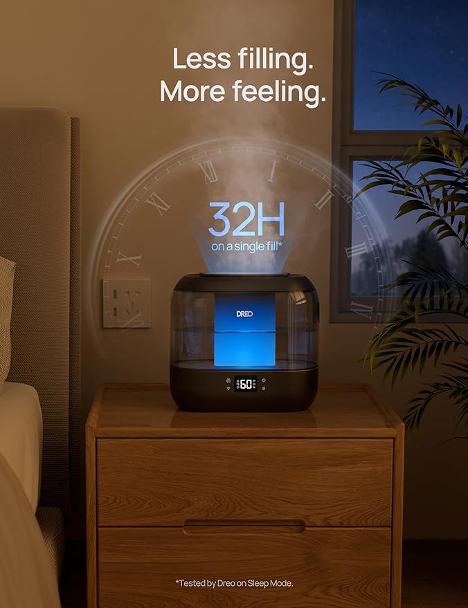 Dreo Smart Humidifiers for Bedroom, Top Fill 4L Supersized Cool Mist Humidifier with Nightlight, 32H Runtime, Touch/APP/Voice Control, 28 dB Quiet Ultrasonic Humidifiers for Large Room, Baby, Plants