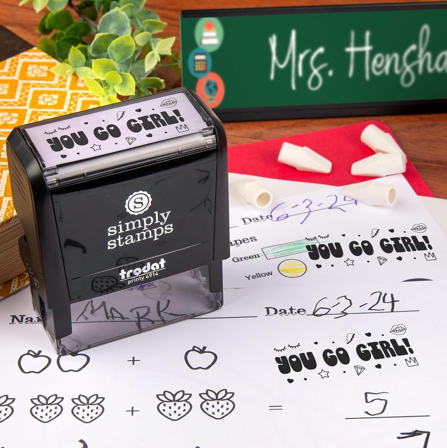 Custom Self-Inking Stamps | 49 Designs | Fun Phrases | Grading Made Easy | Classroom, Library Book Stamps ('You Go Girl!', Large)