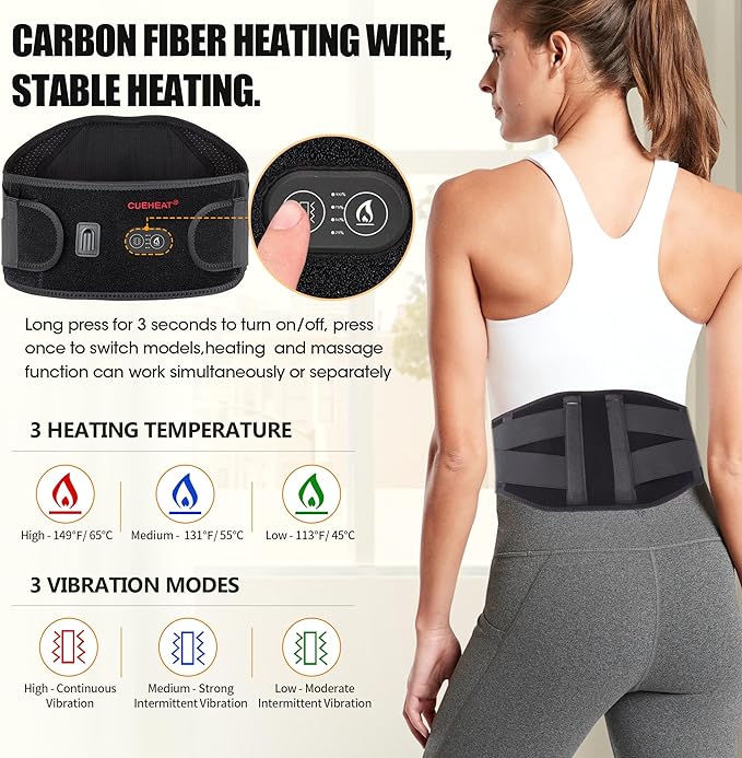 CUEHEAT Heated Waist Belt, Cordless Heating Pad for Low Back, Electrical Heating and Massage, Rechargeable Battery Powered (Dark Black, 45 inches)