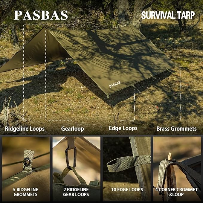 100% Waterproof Camping Shelter, Lightweight Bushcraft Emergency Tarp, 70D Ripstop Nylon 10*13.12ft Olive Drab Sun Shelter Backpacking Protable Can be Used with Car, Tent, Hammock in Hiking, Traveling