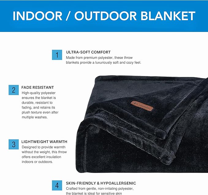 Columbia 50" x 60" Super Plush Lightweight Throw Blanket - Outdoor Essentials for Camping, Picnics, and Adventures, Soft and Cozy Home Essentials for Bed and Living Room - Black
