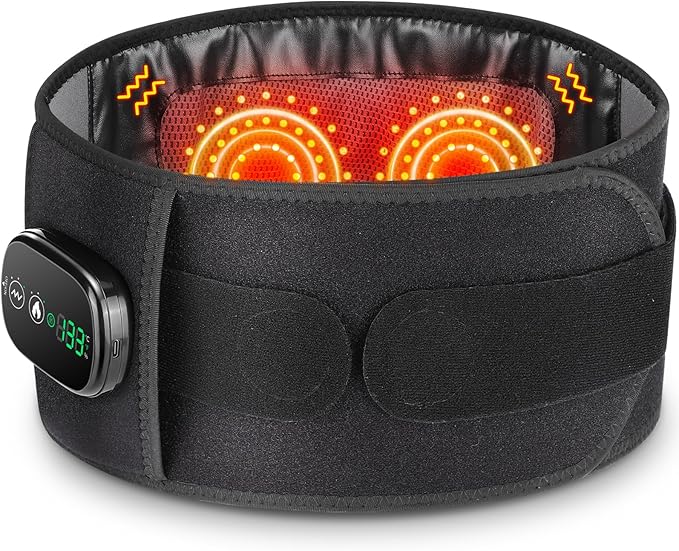 Cordless Heating Pad with Massager for Back, Portable Lower Back Massager, Wearable Heating Pads for Cramps with 5 Heats, Auto-Off, Heated Massage Support Brace Waist Belt