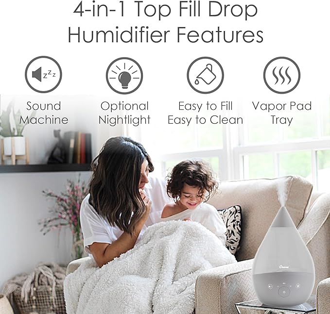 Crane 4-in-1 Drop 2.0 Ultrasonic Cool Mist Humidifier with Sound Machine, Night Light, Aroma Tray, 1 Gallon Top Fill, Grey 1 Gallon