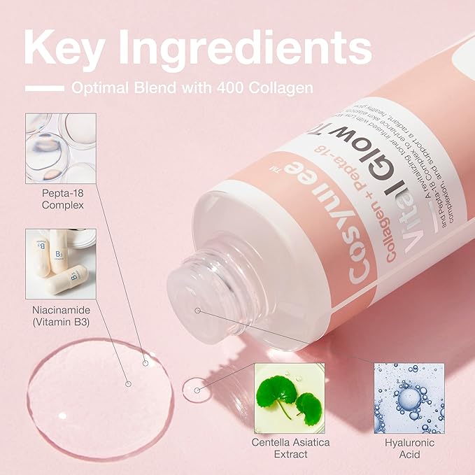 Collagen + Pepta-18 Vital Glow Toner, pH 5.5 Toner, pH Balancing, Absorbing Boost, Calming Skin, Refreshing, Hydrating, Purifying, Korean Skincare, 200ml/6.76 fl.oz