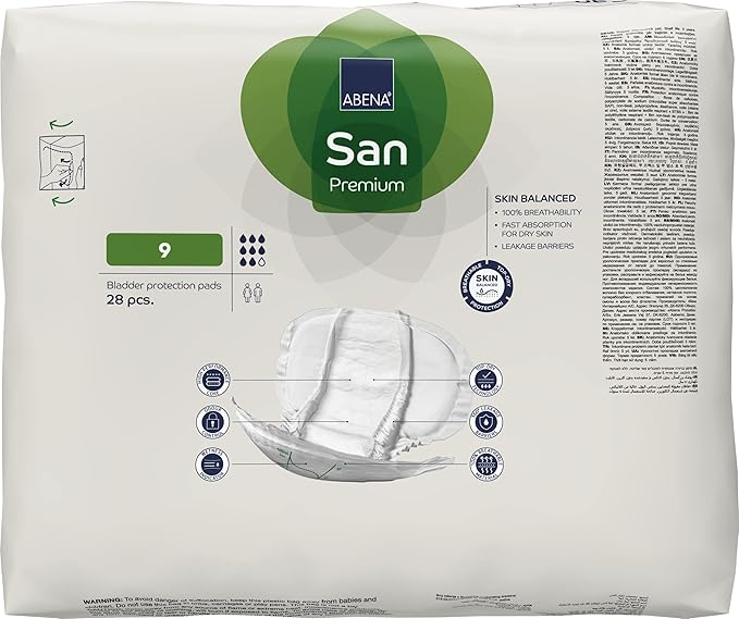 Abena San Premium Incontinence Pads, Heavy Absorbency, (Sizes 8 to 11), Size 9, 28 Count