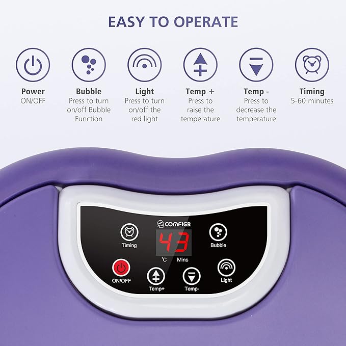 COMFIER Foot Spa Bath Massager with Heat, Pedicure Foot Spa with Bubbles, Red Light, Pumice Stone and Shiatsu Massage Rollers, Heated Bath Spa for Relaxation and Stress Relief (Purple)