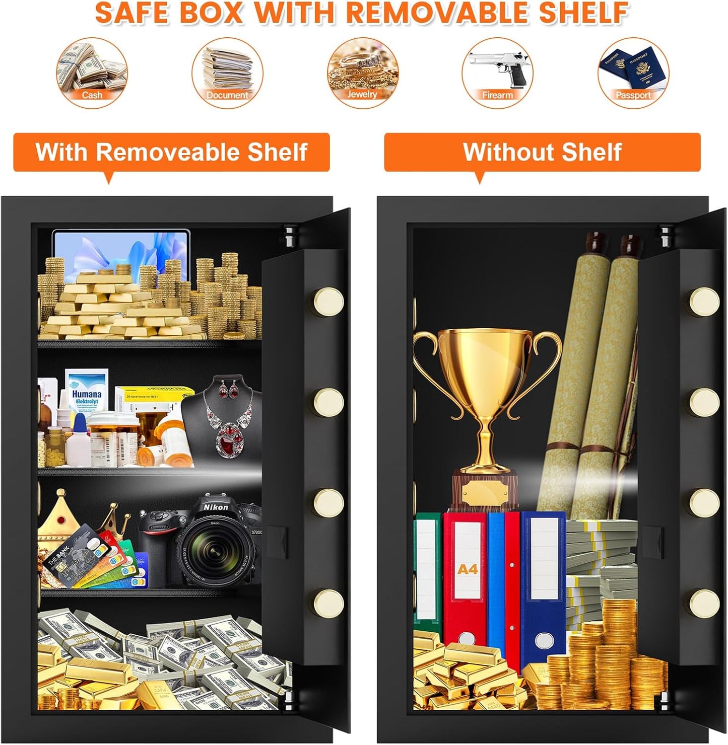 6.1 Cuft Large Fire proof Safe for Home Documents, Home Safety Box Fireproof Waterproof with Fireproof Bag, Digital Personal Security Safe with Electronic Keypad Keys and Removable Shelf