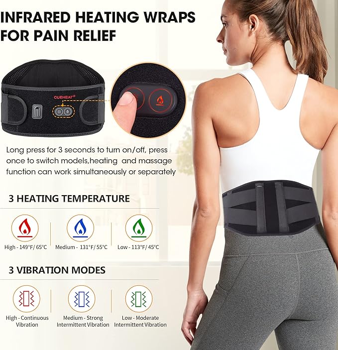 CUEHEAT Heated Waist Belt, Cordless Heating Pad for Low Back, Electrical Heating and Massage, Rechargeable Battery Powered (Dark Black, 53inch)