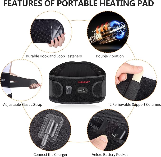 CUEHEAT Heated Waist Belt, Cordless Heating Pad for Low Back, Electrical Heating and Massage, Rechargeable Battery Powered (Dark Black, 45 inches)