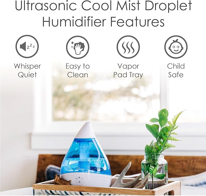 Crane Droplet Ultrasonic Teardrop Cool Mist Air Humidifier, 0.5 Gallon for Bedroom and Office, Blue and White, Nursery Humidifier
