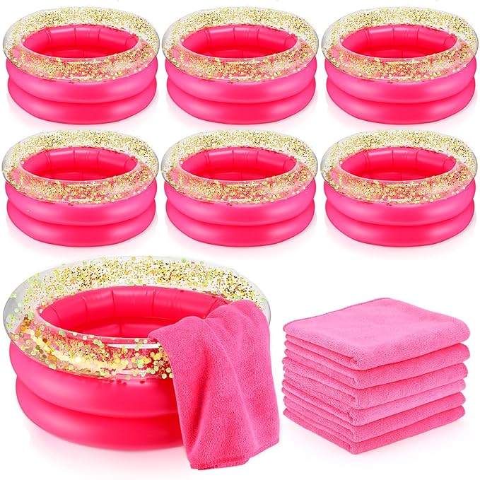 12 Pcs Foot Spa Kit for Girls 13.8 x 13.8 x 6.7 Inch Foot Care Bath and 12 x 28 Inch Hand Towels Washbasin Salon Towels for Spa Party Sleepover Party Supplies, Rose Red