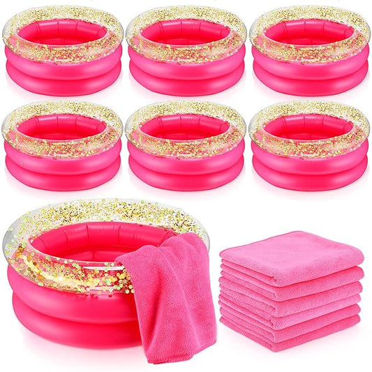 12 Pcs Foot Spa Kit for Girls 13.8 x 13.8 x 6.7 Inch Foot Care Bath and 12 x 28 Inch Hand Towels Washbasin Salon Towels for Spa Party Sleepover Party Supplies, Rose Red