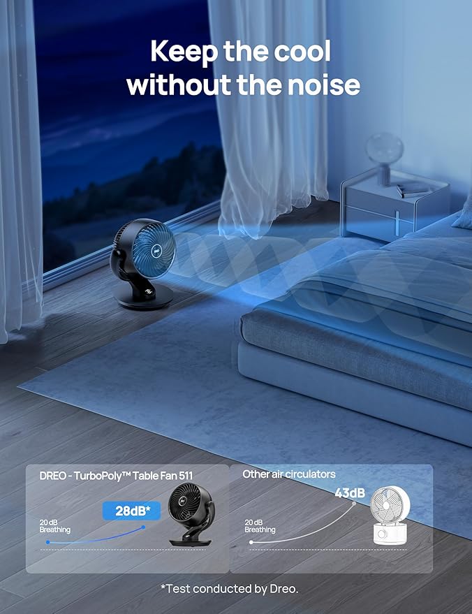 Dreo Table Fan for Bedroom, 13-Inch Oscillating Air Circulator Fan, 120° Tilt Adjustment, 28dB Ultra-Quiet, 70ft Powerful Airflow, 4 Speeds Desk Fans with Remote for Whole Room, Home, Office