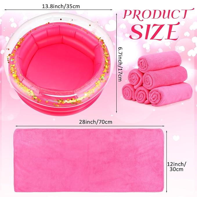 12 Pcs Foot Spa Kit for Girls 13.8 x 13.8 x 6.7 Inch Foot Care Bath and 12 x 28 Inch Hand Towels Washbasin Salon Towels for Spa Party Sleepover Party Supplies, Rose Red