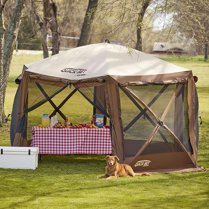 CLAM Pop Up Screen Tent, Outdoor Camping Gazebo Canopy, Pavilion, 12.5', Brown - Heavy-Duty Portable Screened Shelter with Netting for Beach, Patio, and Backyard