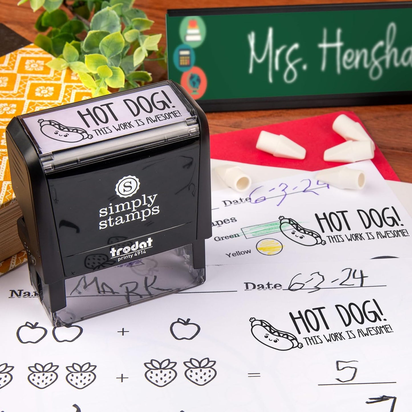 Custom Self-Inking Custom Stamps | 49 Designs | Fun Phrases | Grading Made Easy | Classroom, Library Book Stamps (Hot Dog! Large)