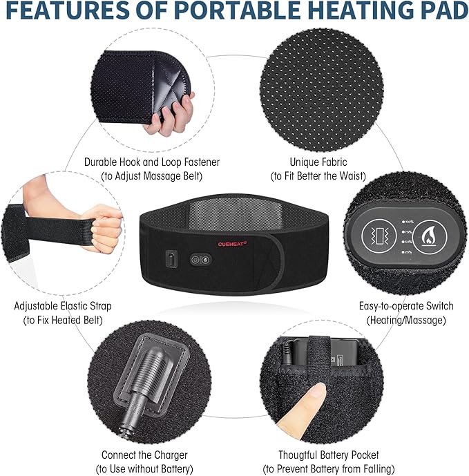 CUEHEAT Heated Waist Belt - Cordless Heating Pad for Low Back, Electrical Heating and Massage, Rechargeable Battery Powered