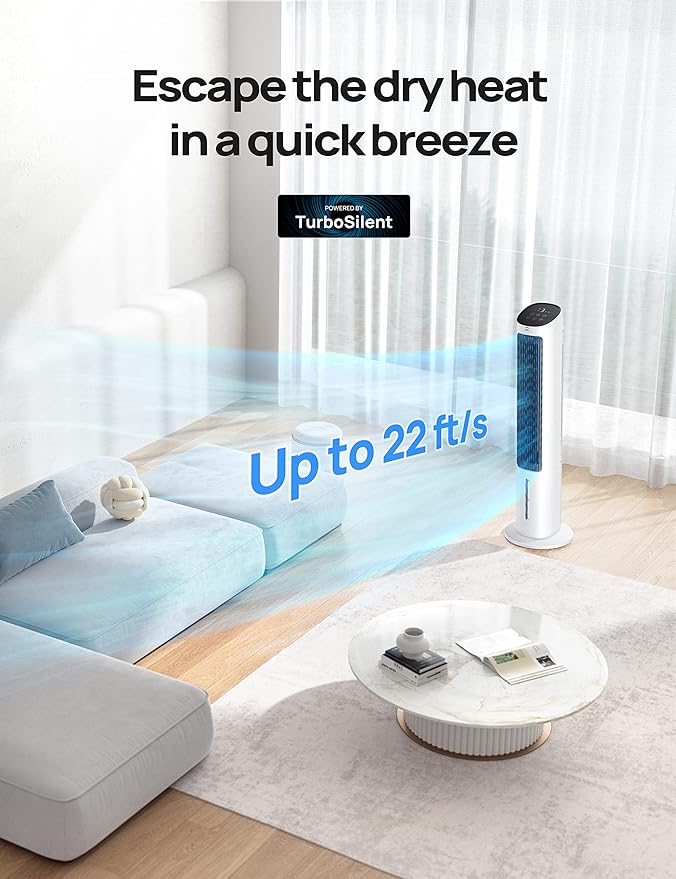 Dreo Evaporative Air Swamp Cooler, 40” Standing Fans that Blow Cold Air, 80° Oscillating Bladeless Cooling Fan for Bedroom, Removable Water Tank, Ice Packs, Remote Control, 4 Speeds, White and Black